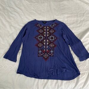 Lucky Brand MEDIUM Aztec Bohemian Long Sleeve Top Needle point blue